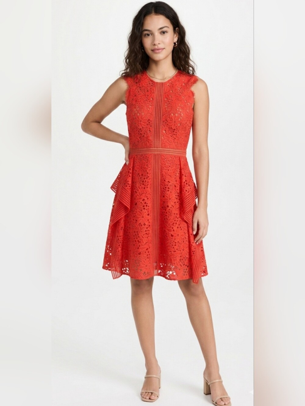 BCBGMAXAZRIA Women's Red Lace Fit-and-Flare Dress,Size 12